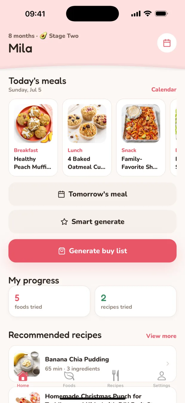 BLW Recipes home screen with today's meals